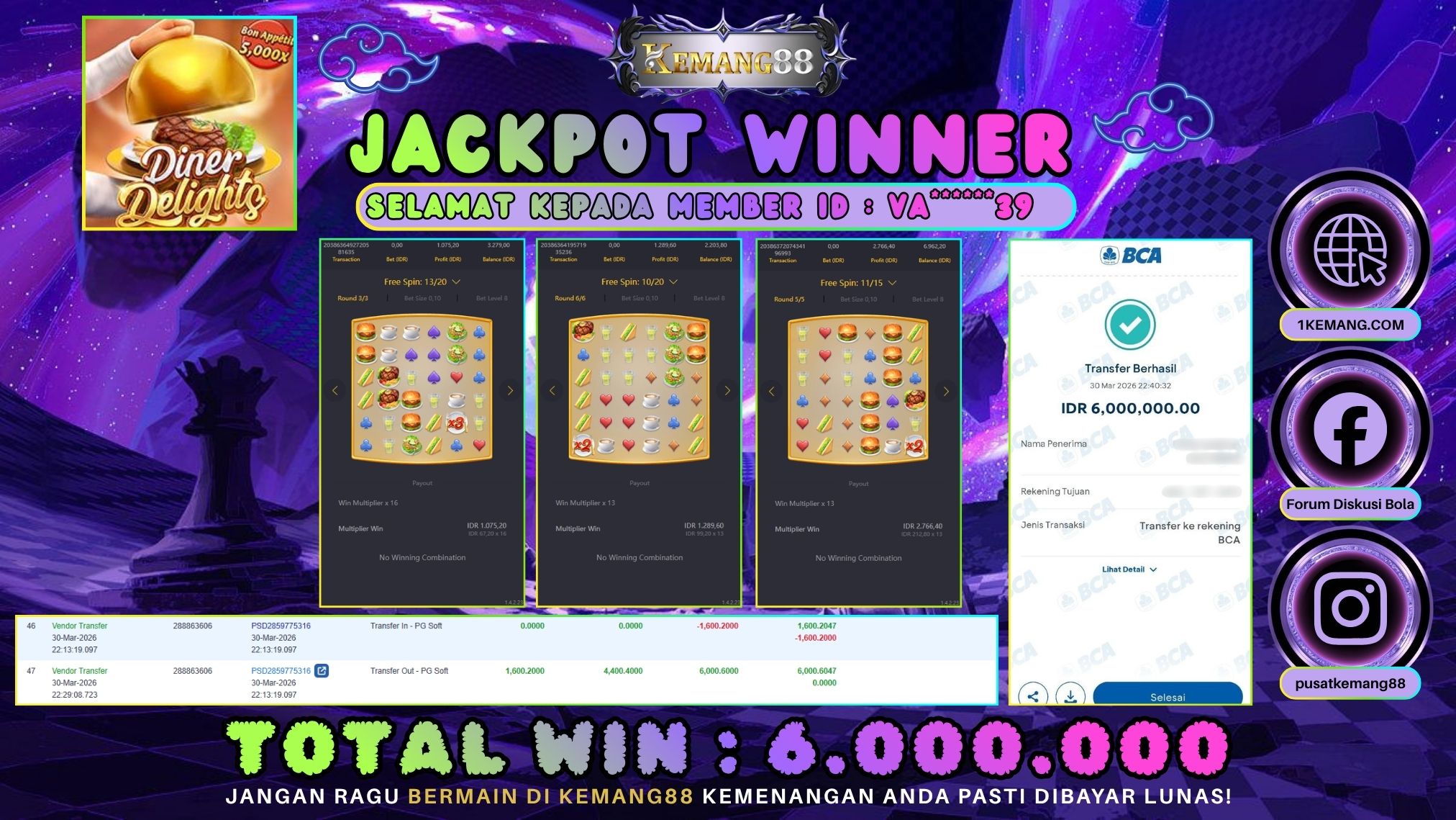 KEMANG88 [30 Maret 2026] : JACKPOT SLOT : DINER DELIGHTS [PG] Rp. 6.000.000.,- LUNAS